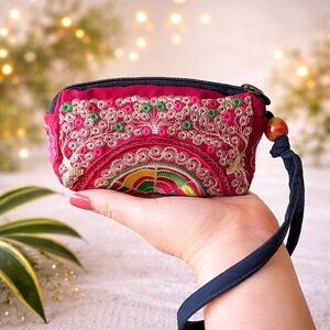 Handmade Embroidered Red Wristlet | Multi-Zip Boho Floral Pouch
